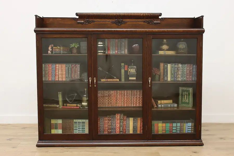 Main image of Victorian Antique Carved Oak Triple Office Bookcase Display