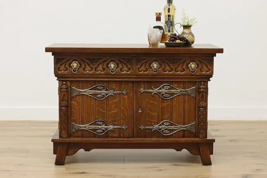 Main image of Renaissance Vintage Carved Oak Bar Cabinet or Console, Lions