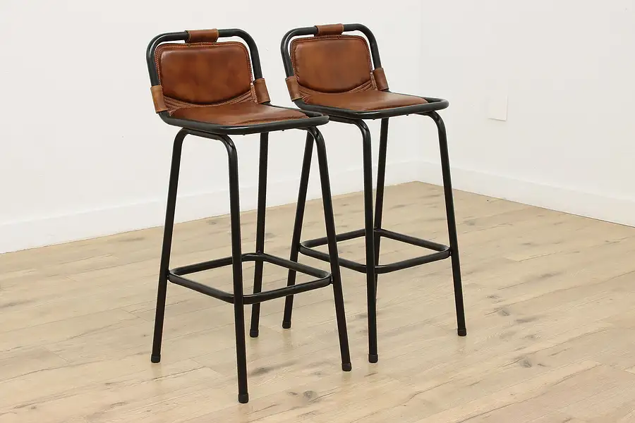 Main image of Pair of Vintage Leather & Steel Bar or Counter Stools