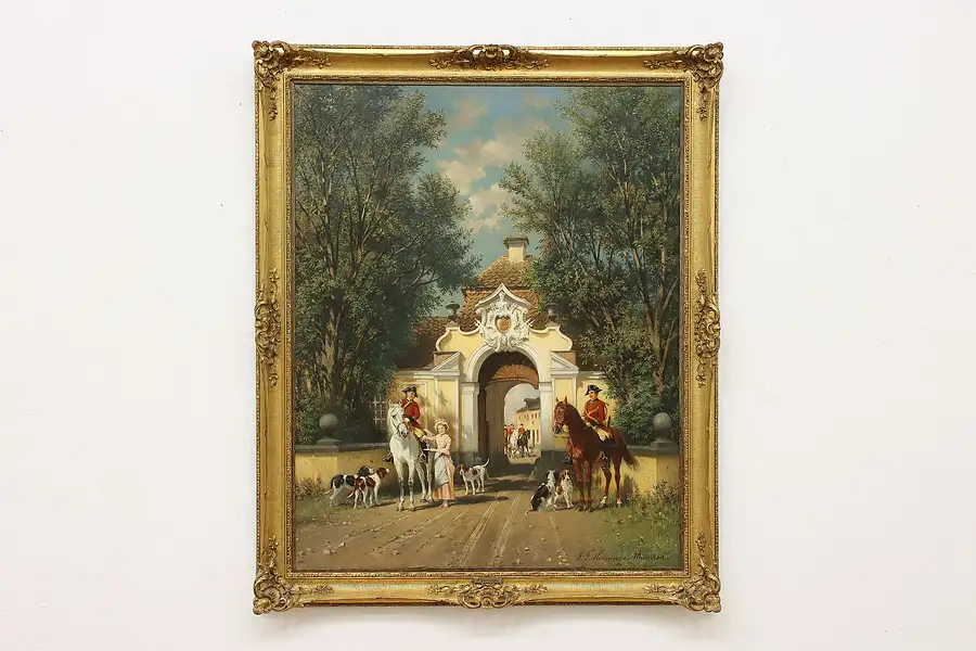 Main image of Castle Hunt Scene Antique Original Oil Painting Hennings 58"