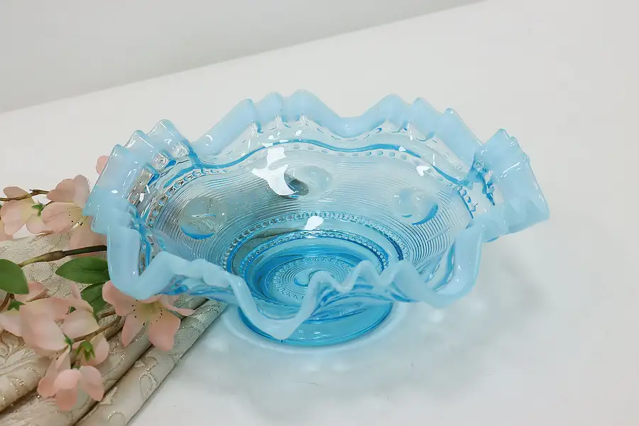 Main image of Victorian Design Vintage Ruffled Blue Glass Candy Dish Bowl