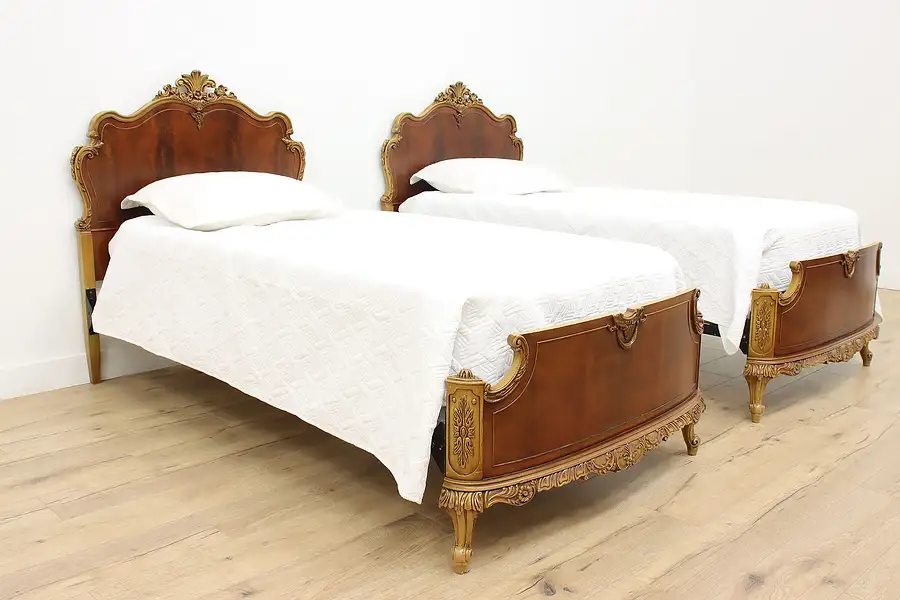 Main image of Pair of French Design Antique Carved Mahogany Twin Size Beds