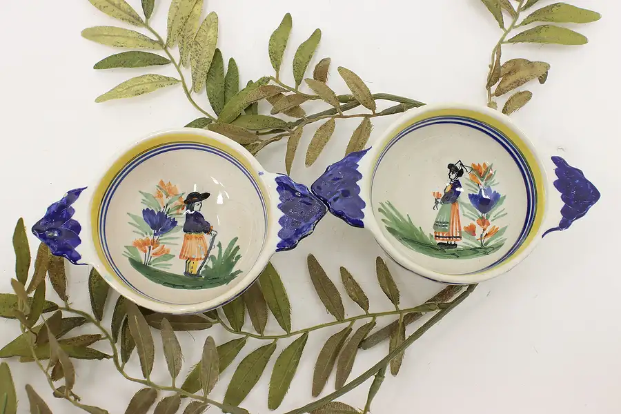 Main image of Pair of French Vintage Quimper Hand Painted Porringer Bowls