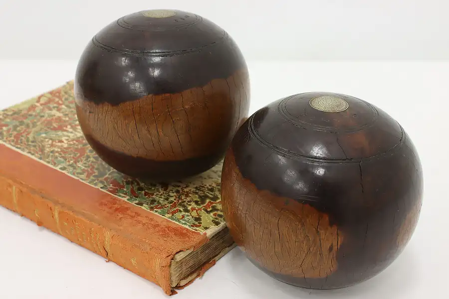 Main image of Pair English Antique Lignum Vitae Lawn Bowling Balls, Jaques