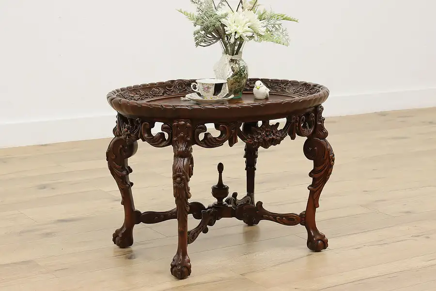 Main image of Carved Walnut Antique Coffee Table Rosewood Marquetry Top