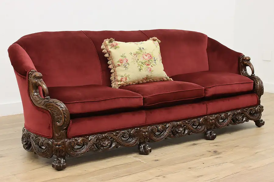 Main image of Carved Birds & Lions Antique Velvet Sofa or Couch