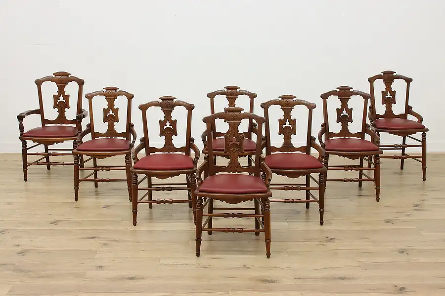 Main image of Set 8 Antique Victorian Carved Walnut Dining Chairs, Leather