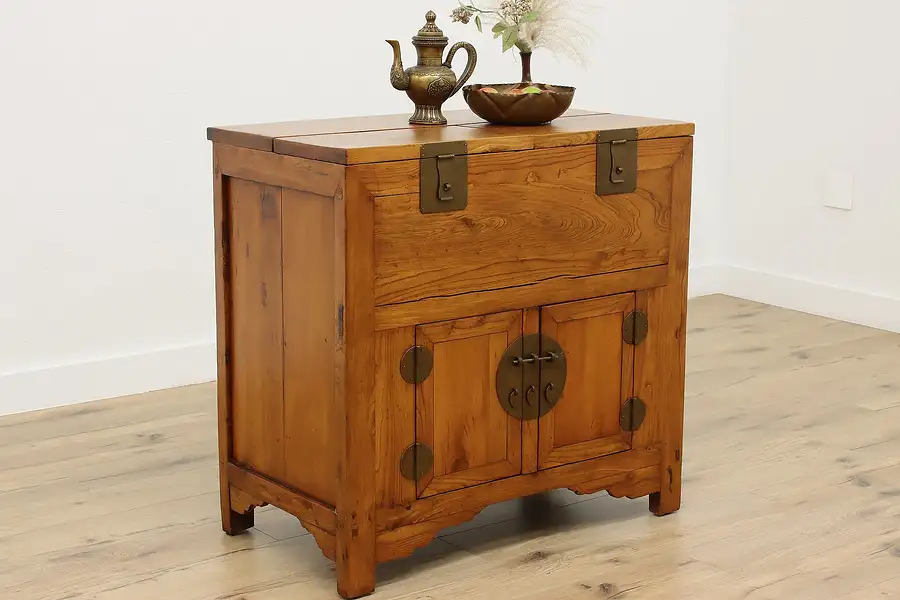 Main image of Chinese Vintage Pine & Elm Dowry Chest Cabinet, Brass Mounts