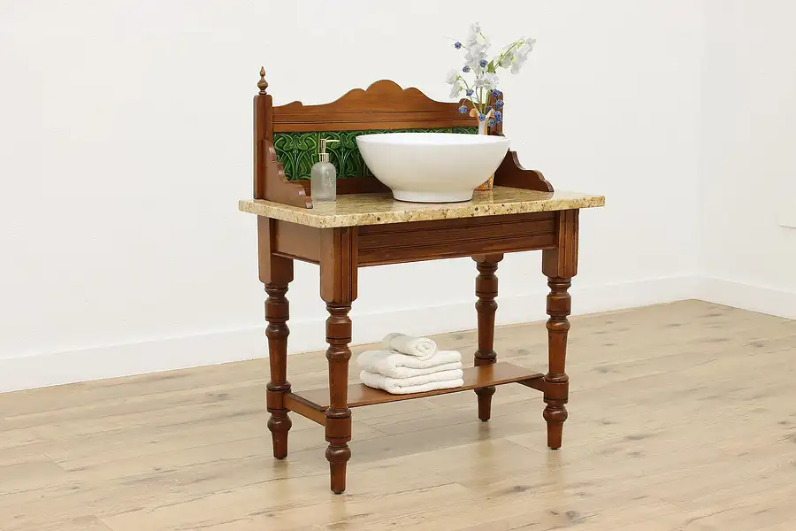 Main image of Farmhouse Antique Washstand Bar or Console, Marble & Tiles