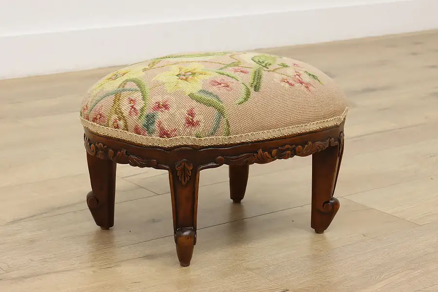 Main image of French Vintage Mahogany Oval Footstool, Birds Needlepoint