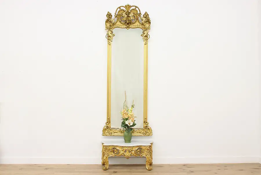 Main image of Victorian Antique 9' 4" Gold Pier Hall Mirror, Marble Base