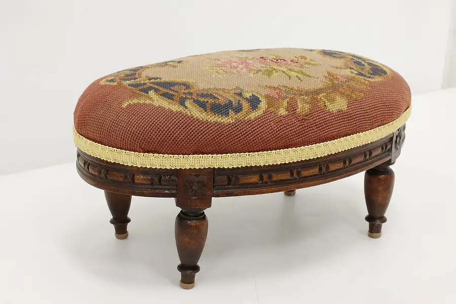 Main image of French Vintage Carved Birch & Needlepoint Oval Footstool