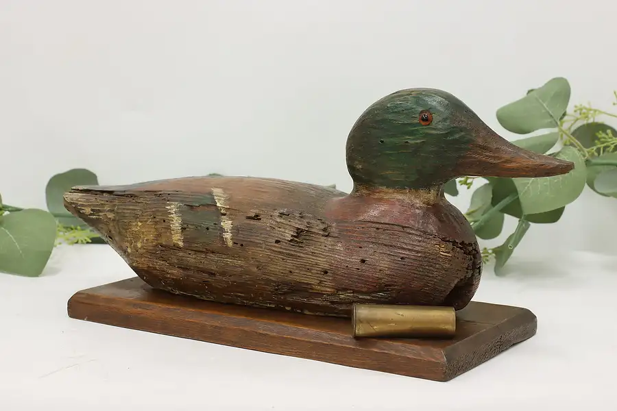 Main image of Farmhouse Antique Carved Painted Mounted Duck Decoy & Shell