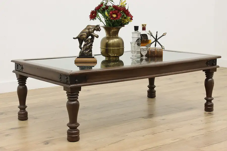 Main image of Mahogany & Iron Grill Vintage Coffee Table, Glass Top