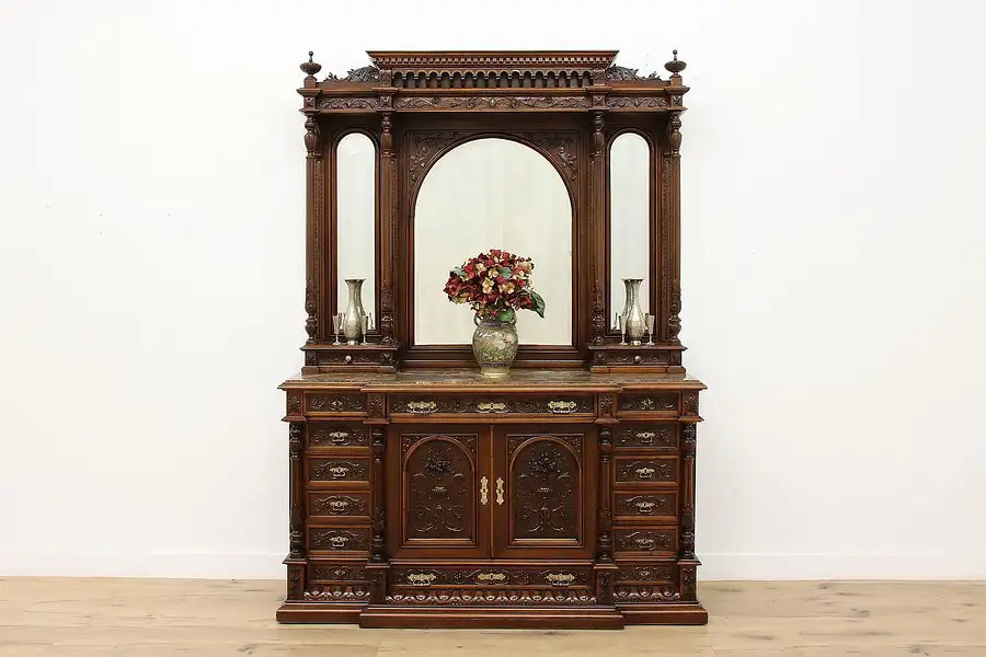 Main image of Italian Antique Walnut & Marble Sideboard Back Bar, Giosoe