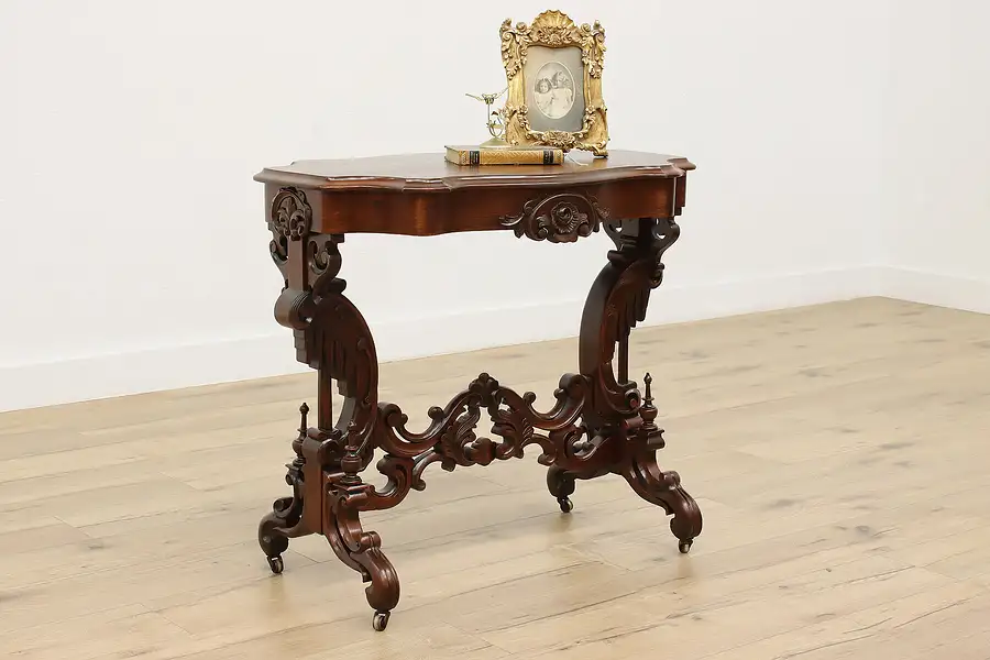 Main image of Turtle Top Antique Victorian Carved Walnut Lamp, Hall Table