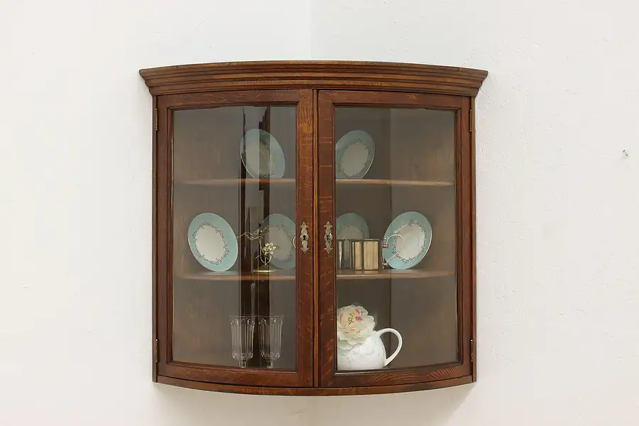 Main image of Victorian Antique Oak Curved Glass Wall Corner Cabinet