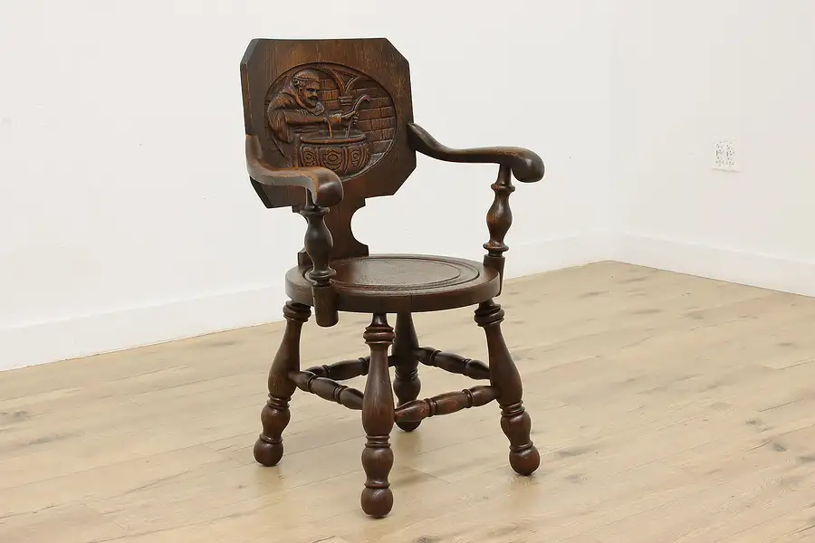 Main image of German Vintage Oak Chair, Carved Monk & Beer Scene