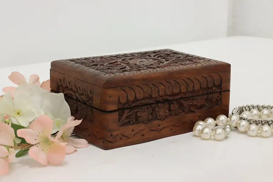 Main image of Indian Vintage Teak Jewelry or Keepsake Box, Carved Flowers