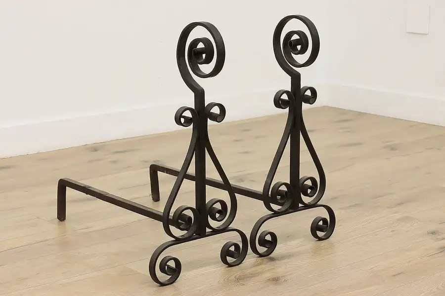 Main image of Pair of Antique Farmhouse Wrought Iron Fireplace Andirons