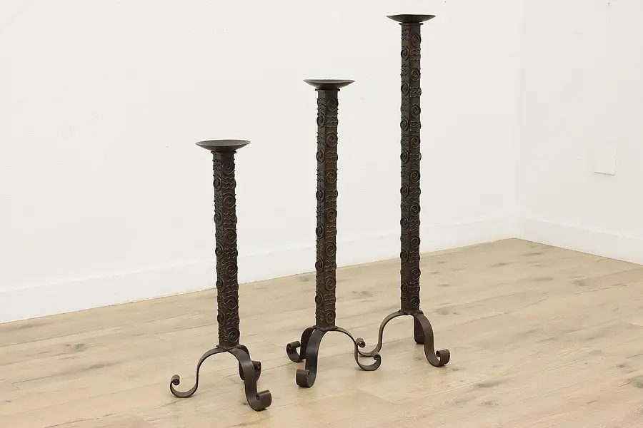 Main image of Set of 3 Vintage Wrought Iron Floor Candlestick Holders