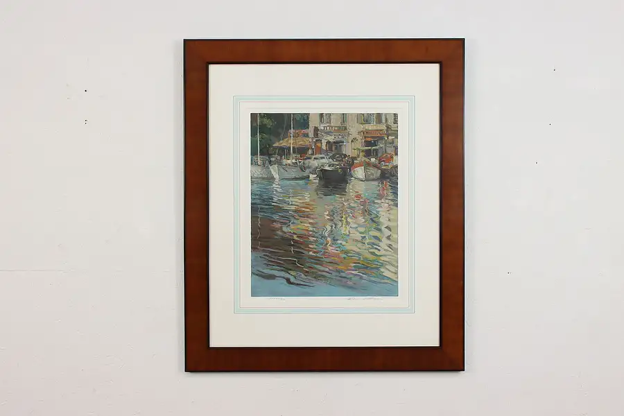 Main image of Yacht Harbor Vintage Lithograph Print Signed 36.5"