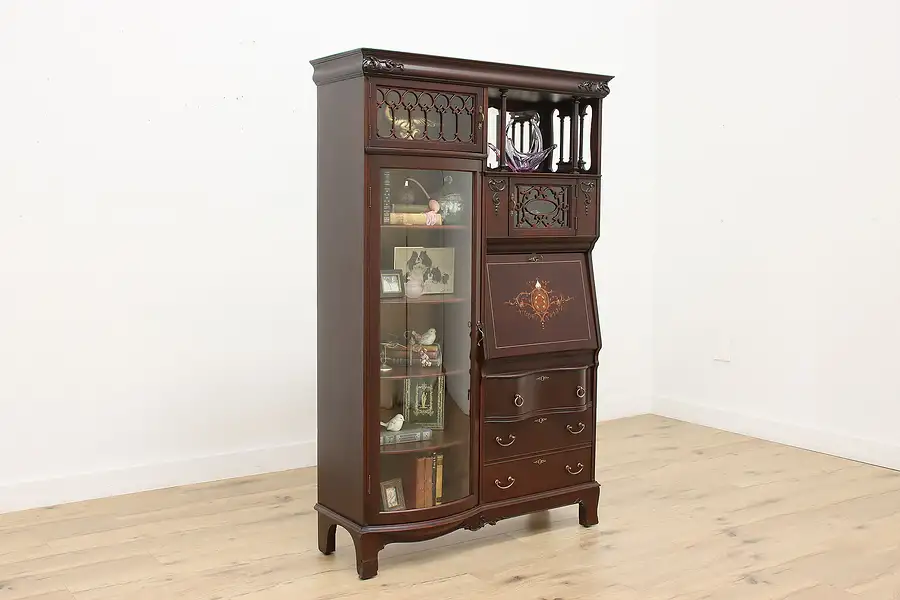 Main image of Mahogany Antique Secretary Desk & Bookcase, Pearl Marquetry