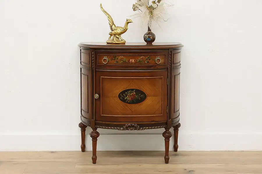 Main image of Marquetry Antique Mahogany Demilune Hall Console Cabinet