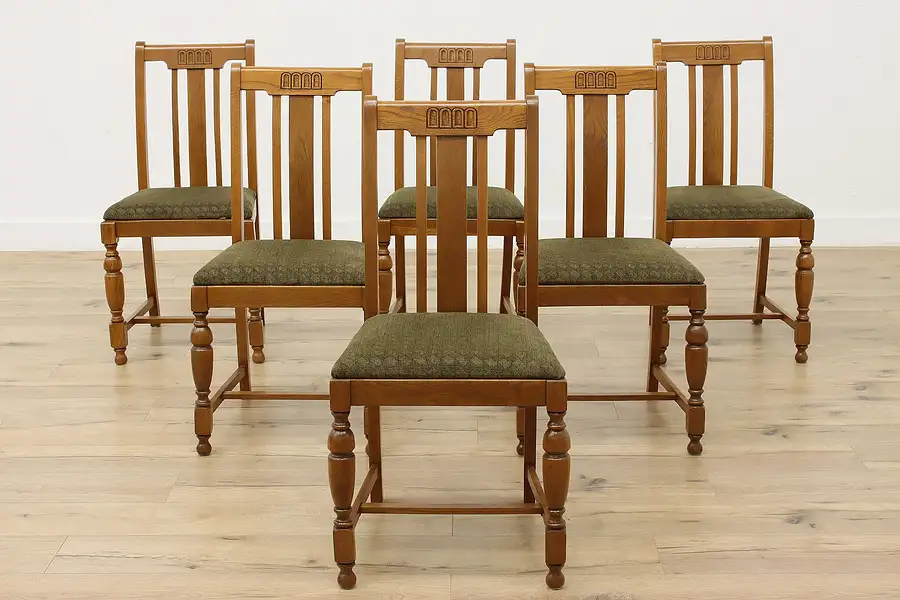 Main image of Set of 6 Antique Tudor Design Upholstered Oak Dining Chairs