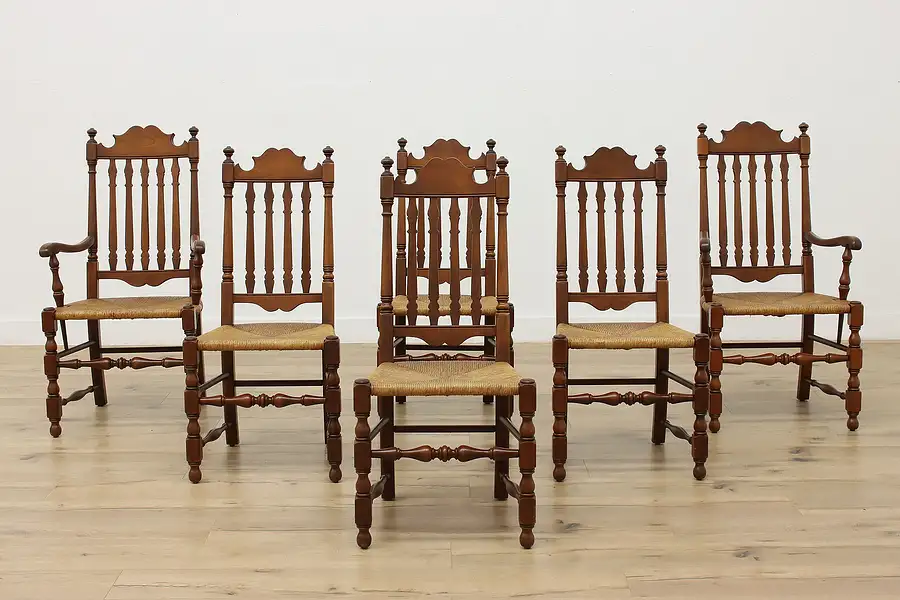 Main image of Set of 6 Vintage Farmhouse Rush Seat Cherry Dining Chairs