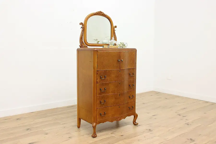 Main image of Birdseye Maple Antique Bedroom Tall Dresser or Chest, Mirror