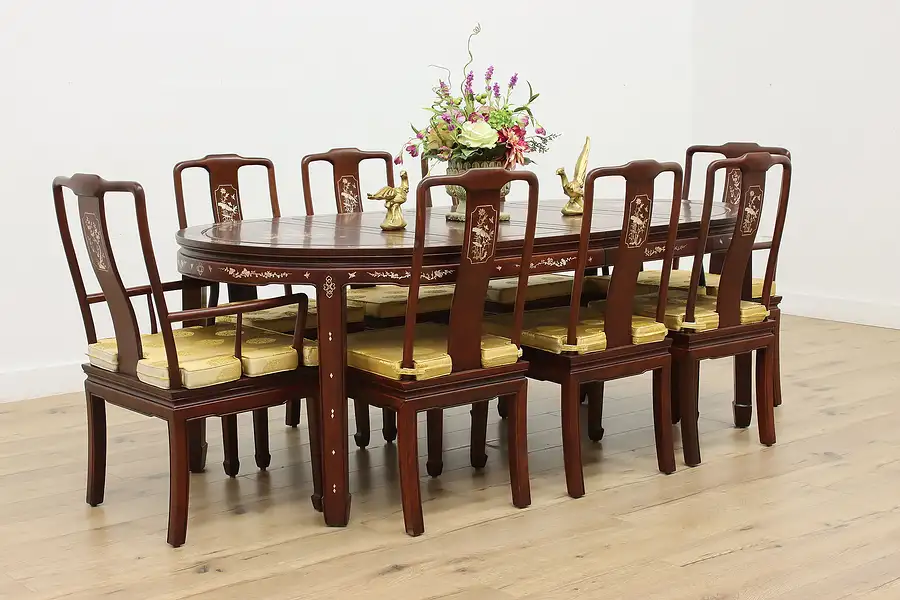 Main image of Chinese Vintage Rosewood & Pearl Dining Set, Table, 8 Chairs