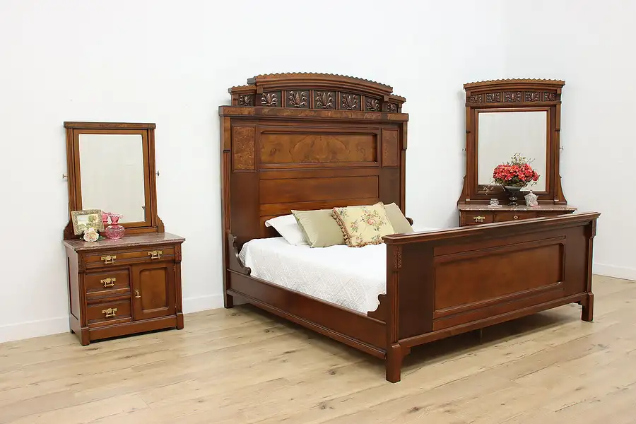 Main image of Victorian Eastlake Antique King Size 3 Pc Bedroom Set Marble