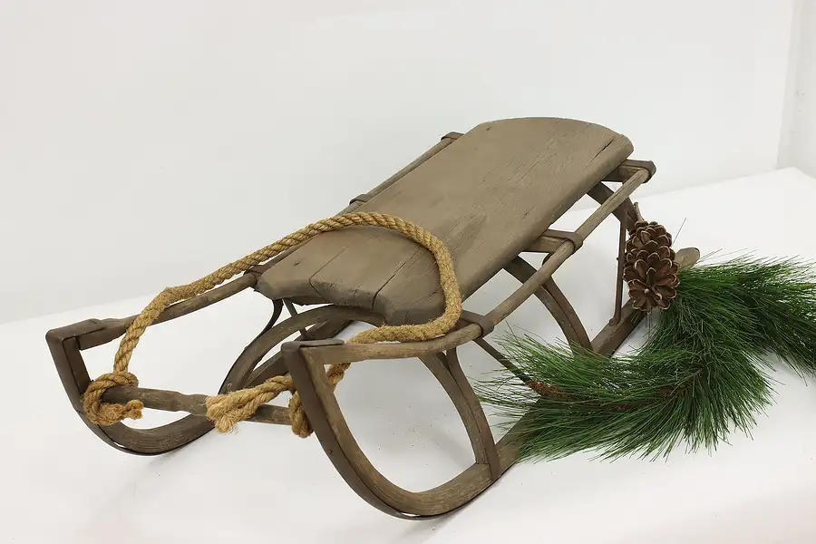 Main image of Farmhouse Antique Elm & Iron Child Snow Sled, Rope Pull