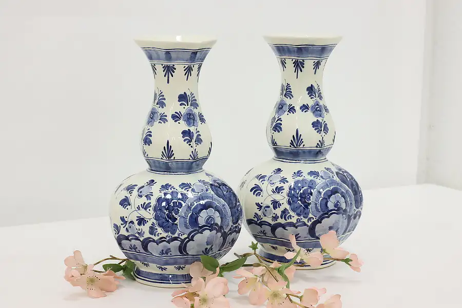 Main image of Pair of Dutch Vintage Hand Painted Porcelain Vases, Delft