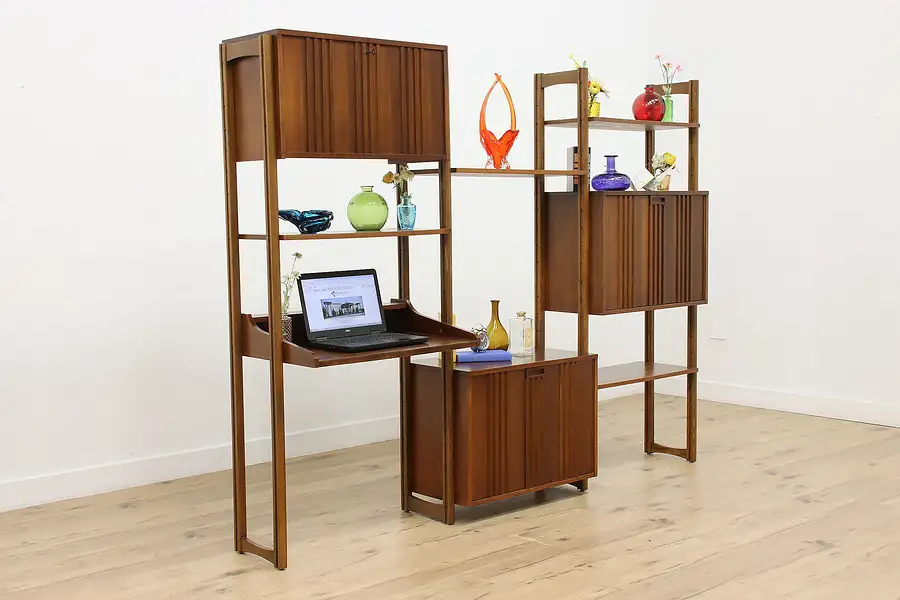 Main image of Midcentury Modern Vintage Bar, Bookcase & Desk Wall Unit