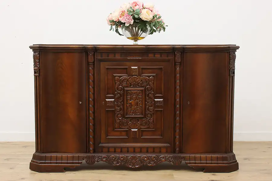 Main image of Art Deco Antique Carved Oak Buffet Bar or TV Console, Kofoed