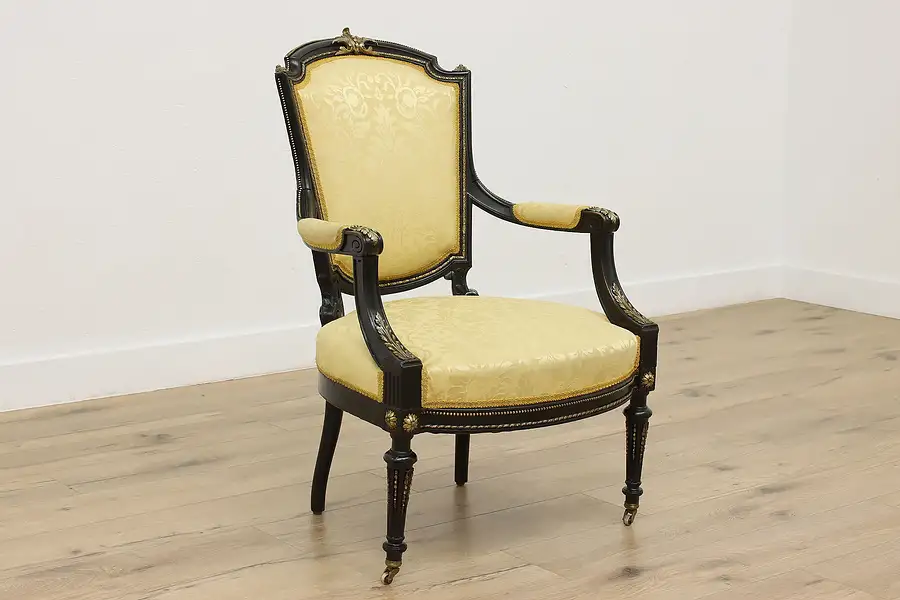 Main image of French Antique Ebony Upholstered Library Chair Gold Mounts