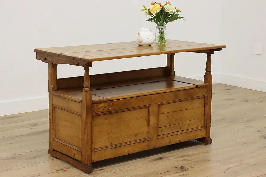 Main image of Farmhouse Antique Pine Flip Top Table & Bench, Storage