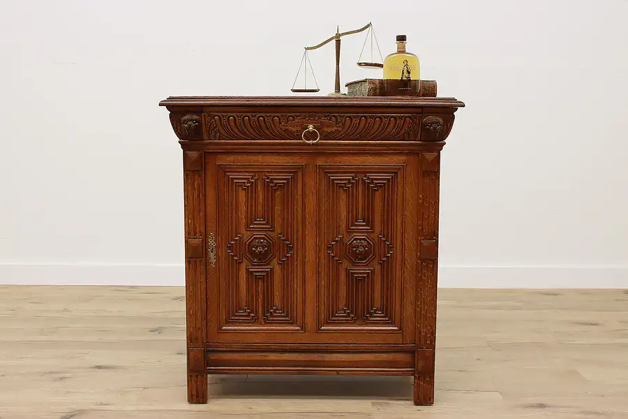 Main image of Renaissance Antique Carved Oak Bar, Hall, or Bath Cabinet