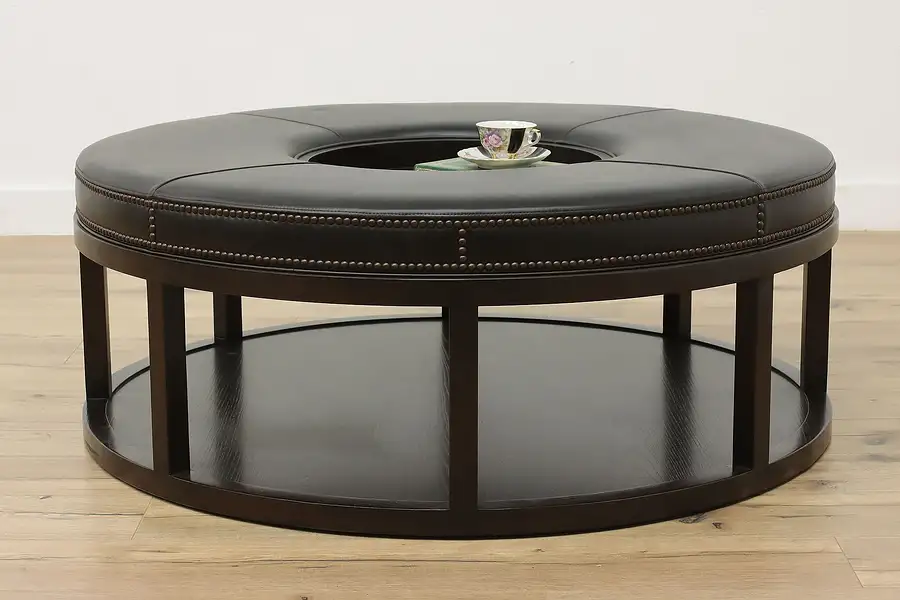 Main image of Traditional Round Leather & Ash Ottoman, Weiss Vanguard