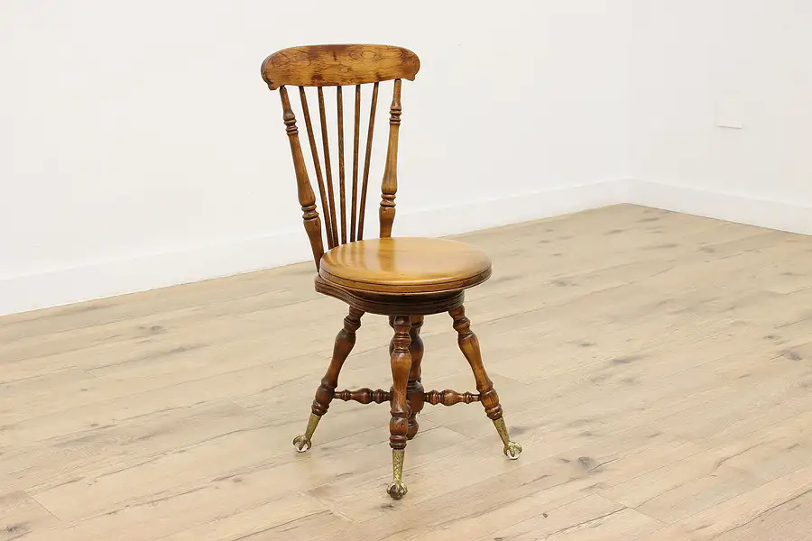 Main image of Victorian Antique Birch Adjustable Organ Stool, Glass Feet