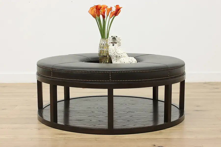 Main image of Traditional Round Leather & Ash Ottoman, Weiss Vanguard