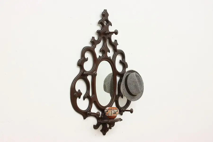 Main image of Victorian Antique Carved Walnut Wall Coat Rack Mirror Brown