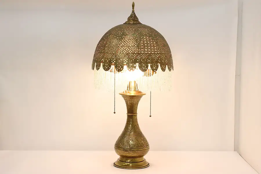 Main image of Pierced & Embossed Vintage Brass Table Lamp, Egyptian Motifs