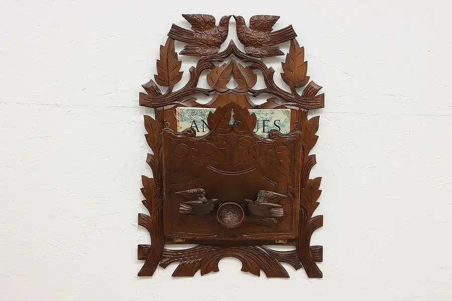 Main image of Victorian Antique Walnut Wall Pocket, Carved Birds, Variety