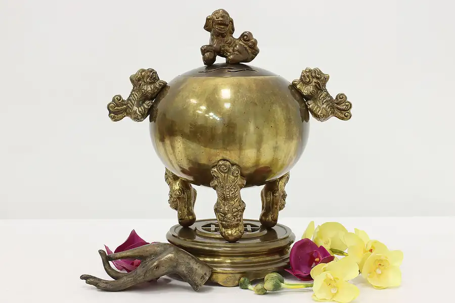 Main image of Chinese Antique Bronze Incense Burner or Censer, Foo Dogs