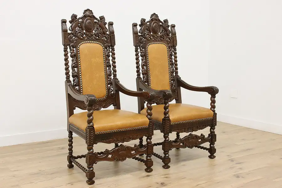 Main image of Pair Tudor Design Antique Oak Hall Throne Chairs, Lions