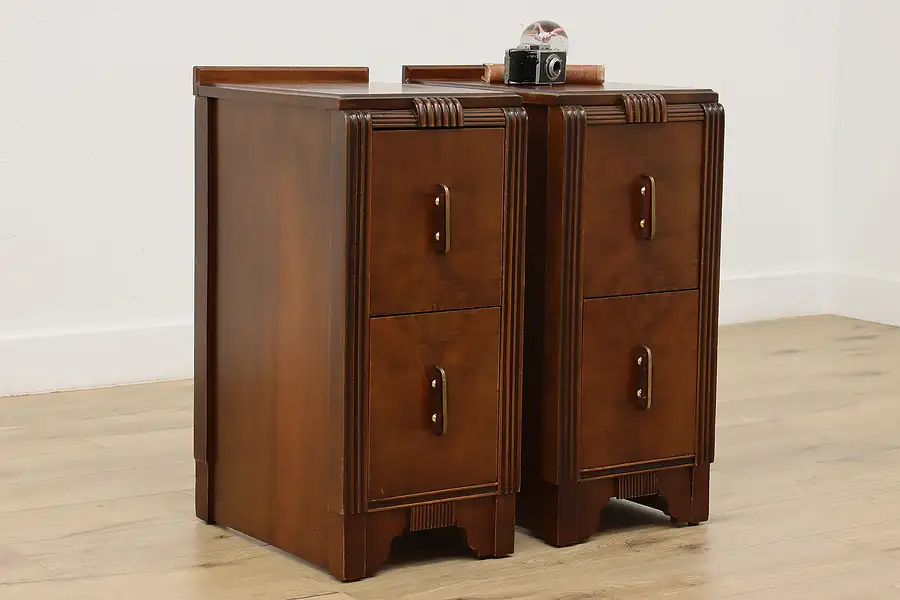 Main image of Pair Art Deco Vintage Walnut & Bakelite Nightstands, Bassett