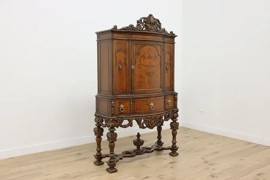 Main image of Tudor Antique Marquetry Carved China or Bar Cabinet, Empire